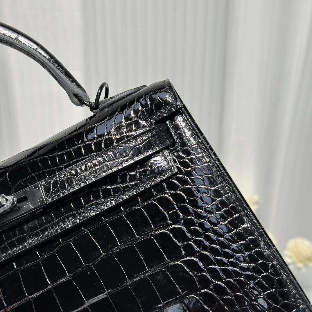 Alligator Leather Black 25cm Glossy Black Hardware Top Handle Bag WAB009 image 2