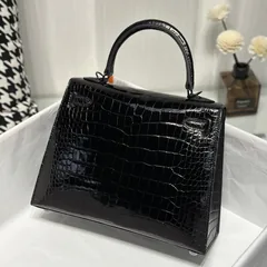 Alligator Leather Black 25cm Glossy Black Hardware Top Handle Bag WAB009 image 3