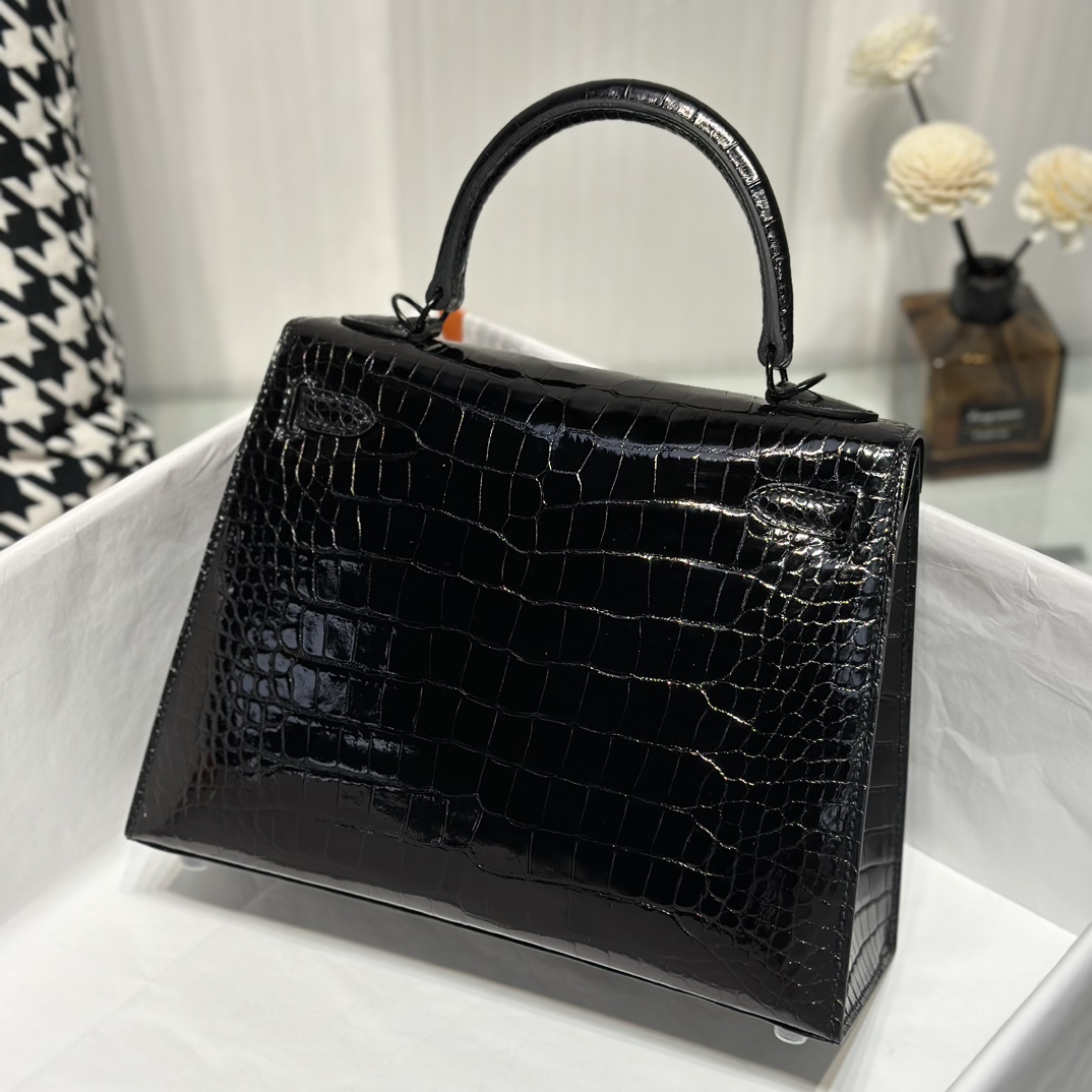 Alligator Leather Black 25cm Glossy Black Hardware Top Handle Bag WAB009 image 3