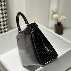 Alligator Leather Black 25cm Glossy Black Hardware Top Handle Bag WAB009 image 4