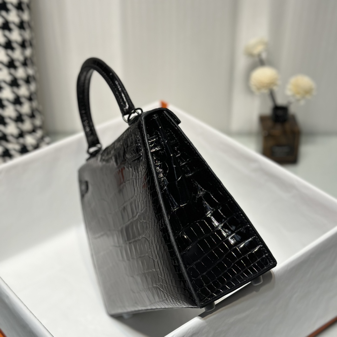 Alligator Leather Black 25cm Glossy Black Hardware Top Handle Bag WAB009 image 4