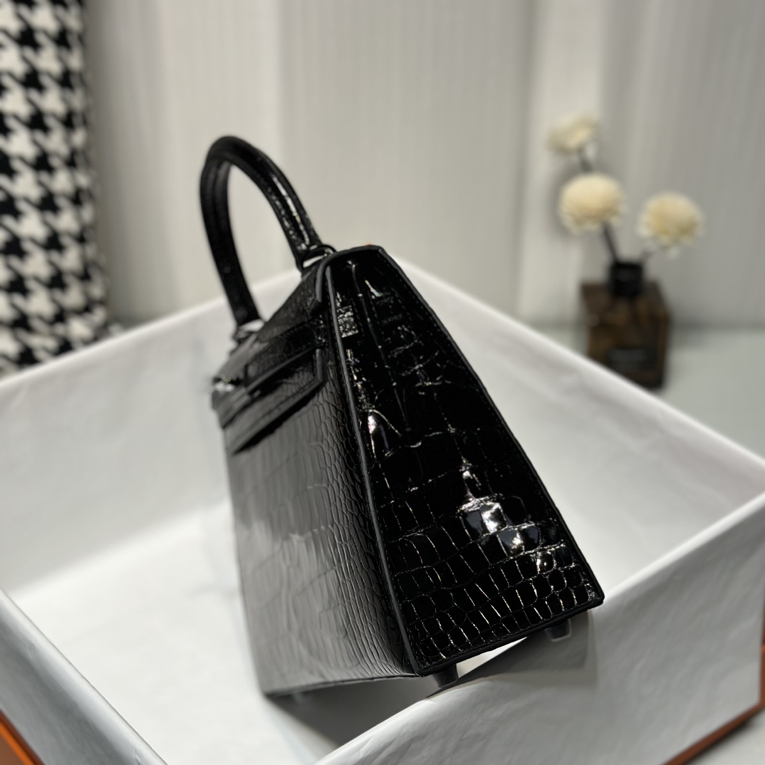 Alligator Leather Black 25cm Glossy Black Hardware Top Handle Bag WAB009 image 5