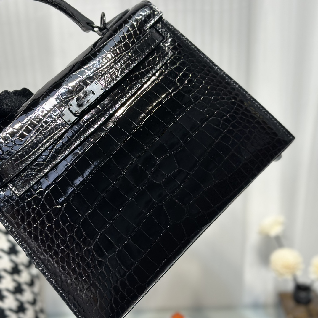 Alligator Leather Black 25cm Glossy Black Hardware Top Handle Bag WAB009 image 7
