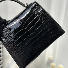 Alligator Leather Black 25cm Glossy Black Hardware Top Handle Bag WAB009 image 8