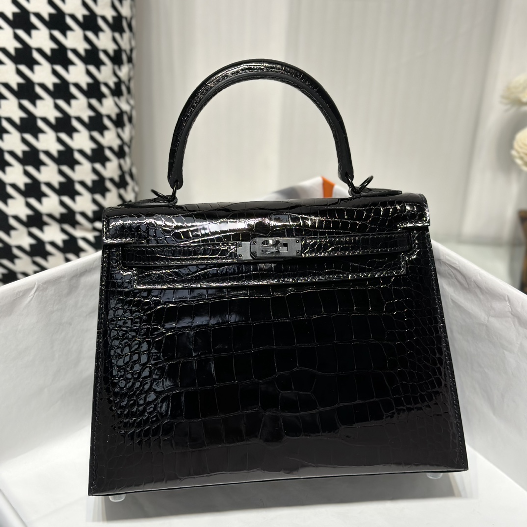Alligator Leather Black 25cm Glossy Black Hardware Top Handle Bag WAB009 image 9