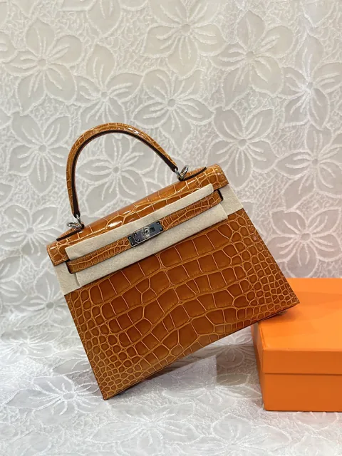 Alligator Leather Orange 25cm Glossy Silver Hardware Top Handle Bag WAB010