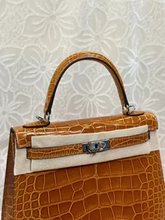 Alligator Leather Orange 25cm Glossy Silver Hardware Top Handle Bag WAB010 image 2