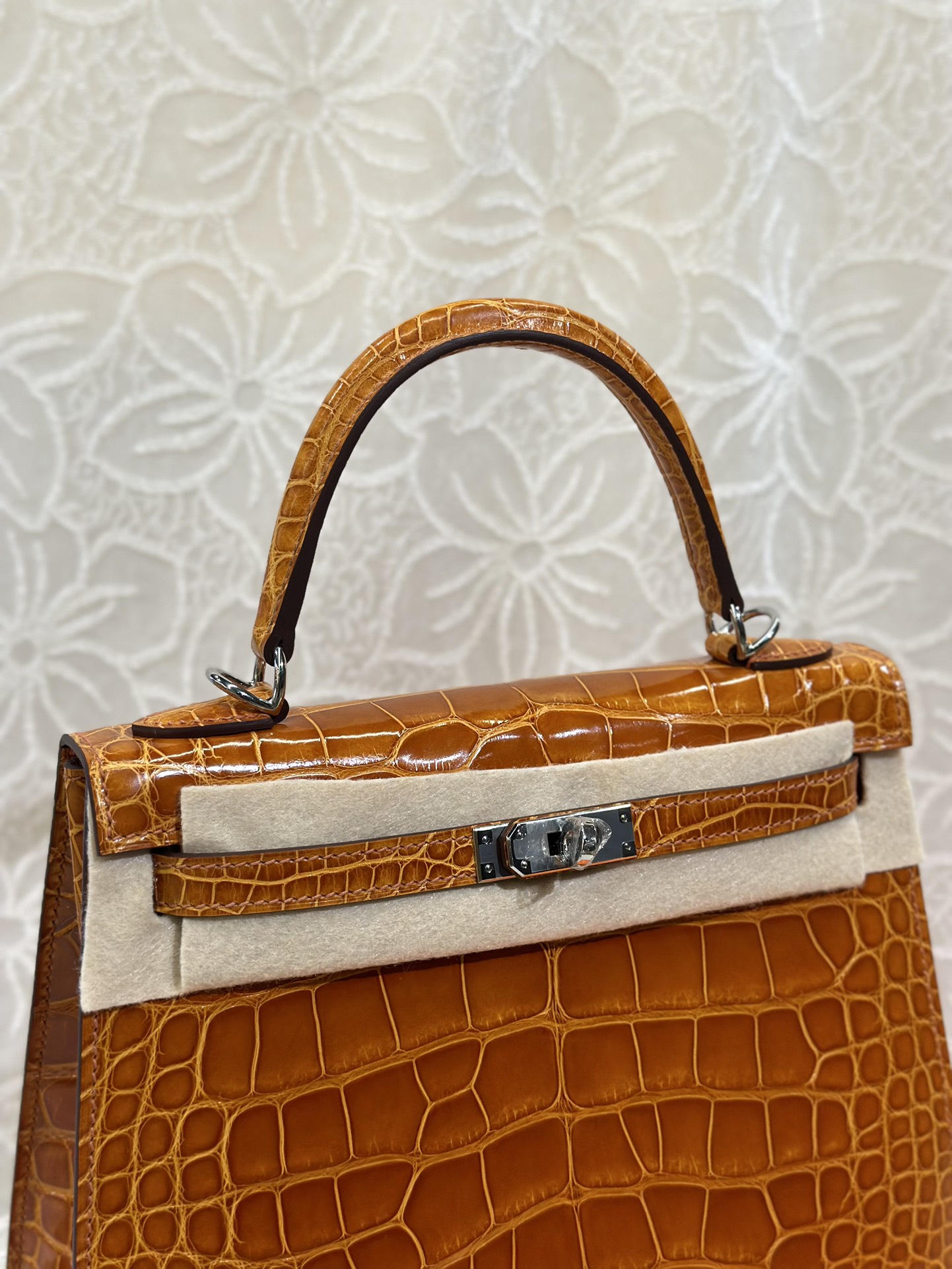 Alligator Leather Orange 25cm Glossy Silver Hardware Top Handle Bag WAB010 photo 2