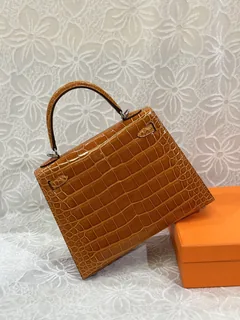 Alligator Leather Orange 25cm Glossy Silver Hardware Top Handle Bag WAB010 image 3