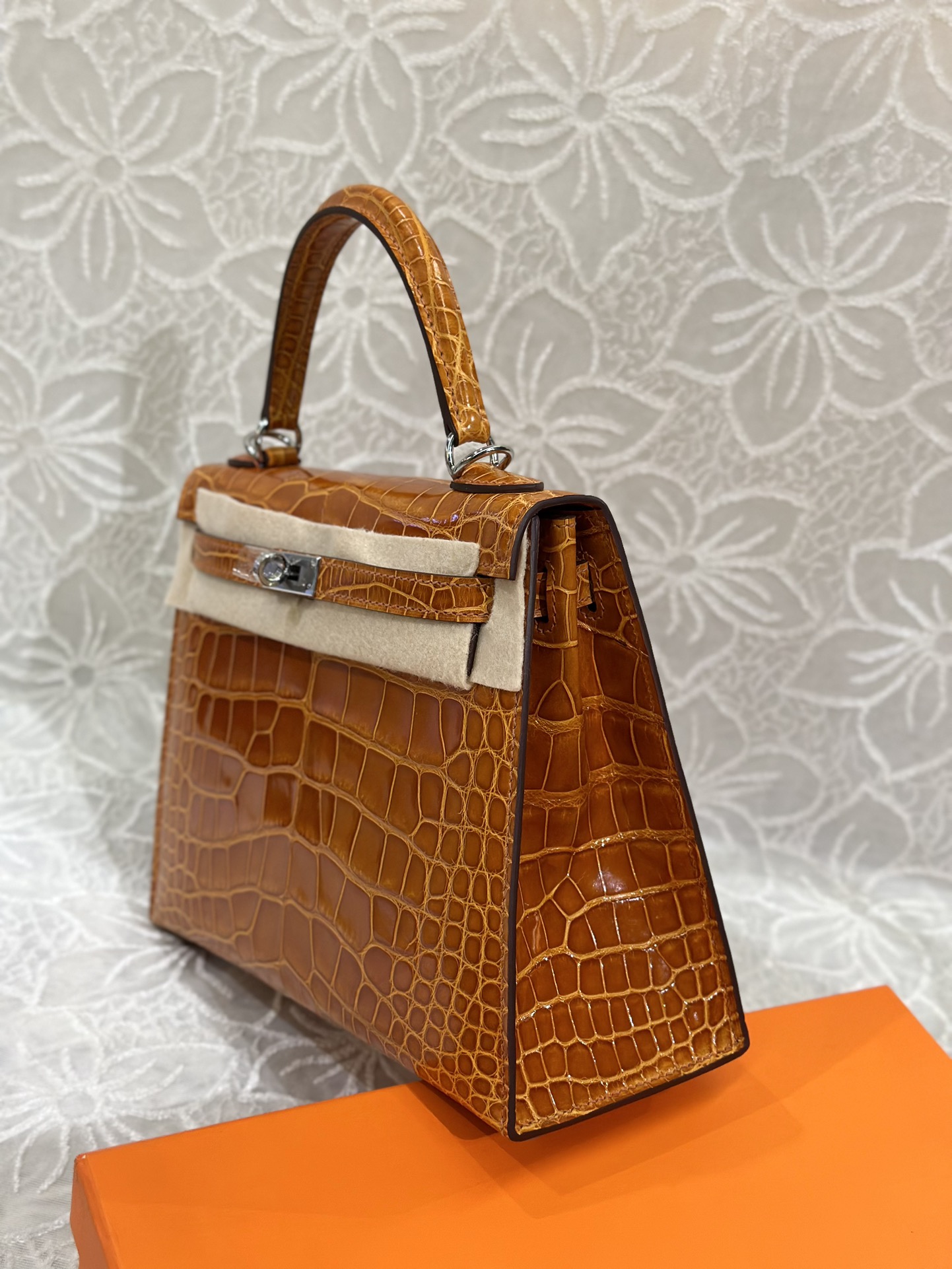 Alligator Leather Orange 25cm Glossy Silver Hardware Top Handle Bag WAB010 photo 4