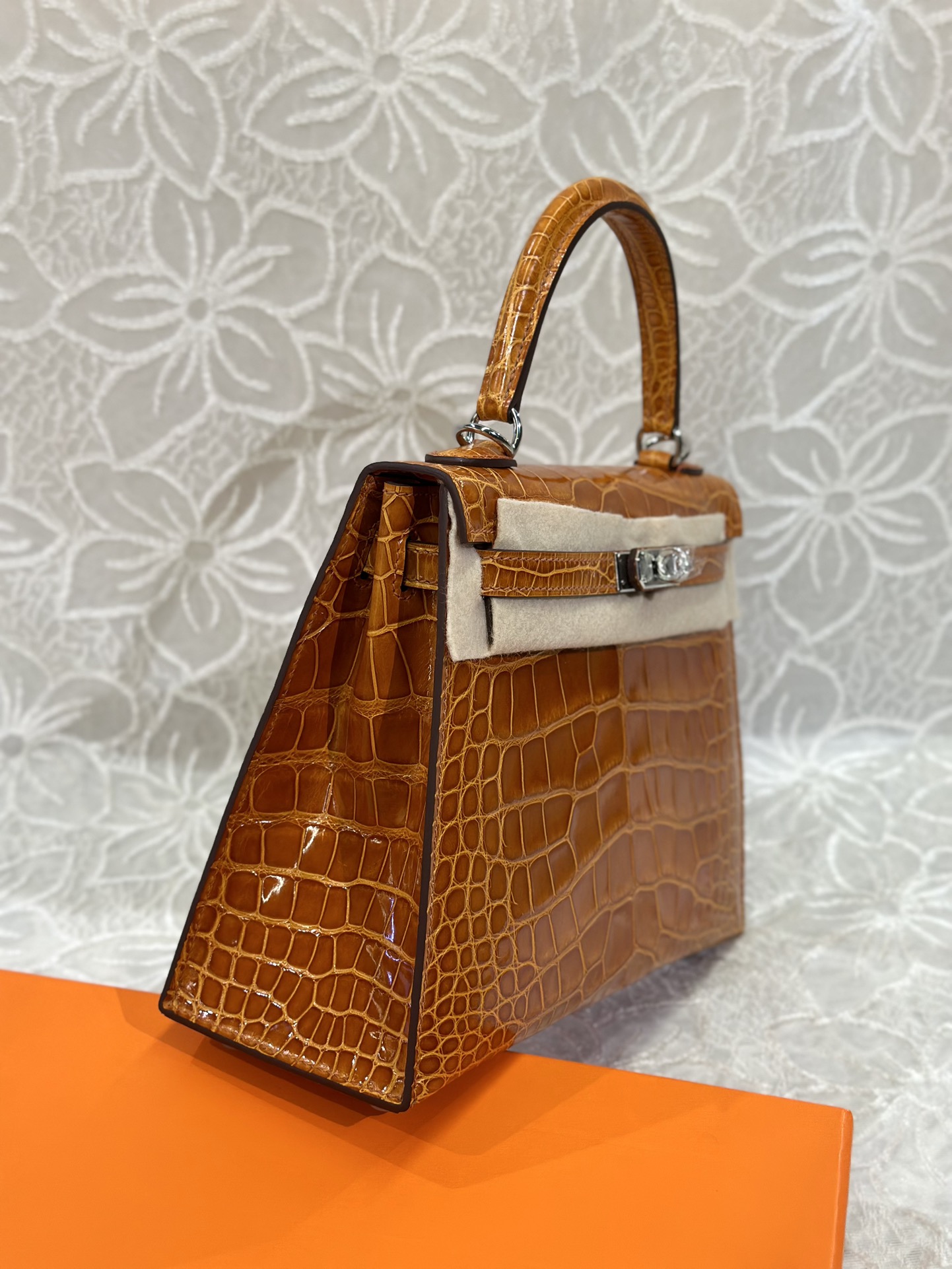 Alligator Leather Orange 25cm Glossy Silver Hardware Top Handle Bag WAB010 photo 5