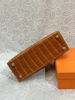 Alligator Leather Orange 25cm Glossy Silver Hardware Top Handle Bag WAB010 image 6