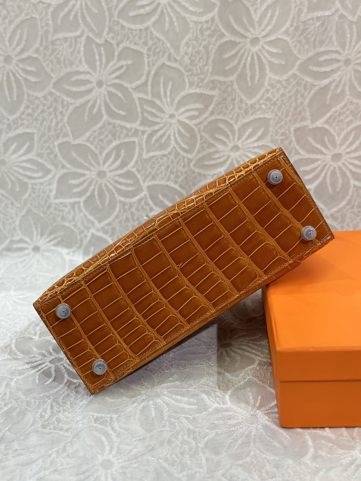 Alligator Leather Orange 25cm Glossy Silver Hardware Top Handle Bag WAB010 photo 6