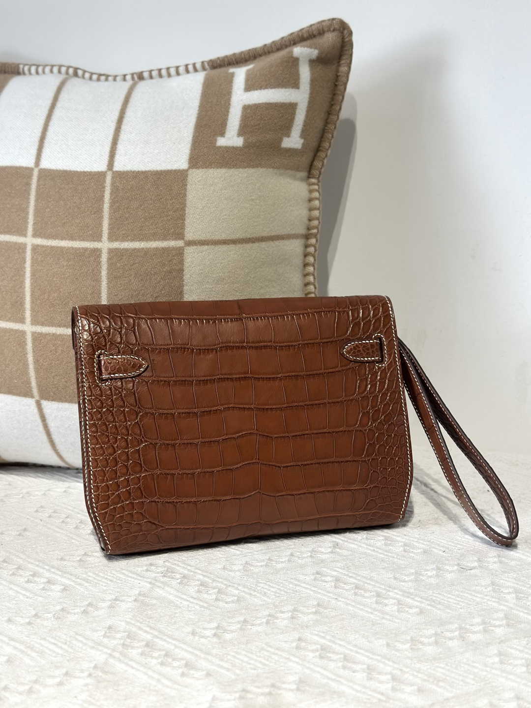 Alligator Leather Saddle Brown 25cm Matte Gold Hardware Clutch Bag WAB013 photo 2