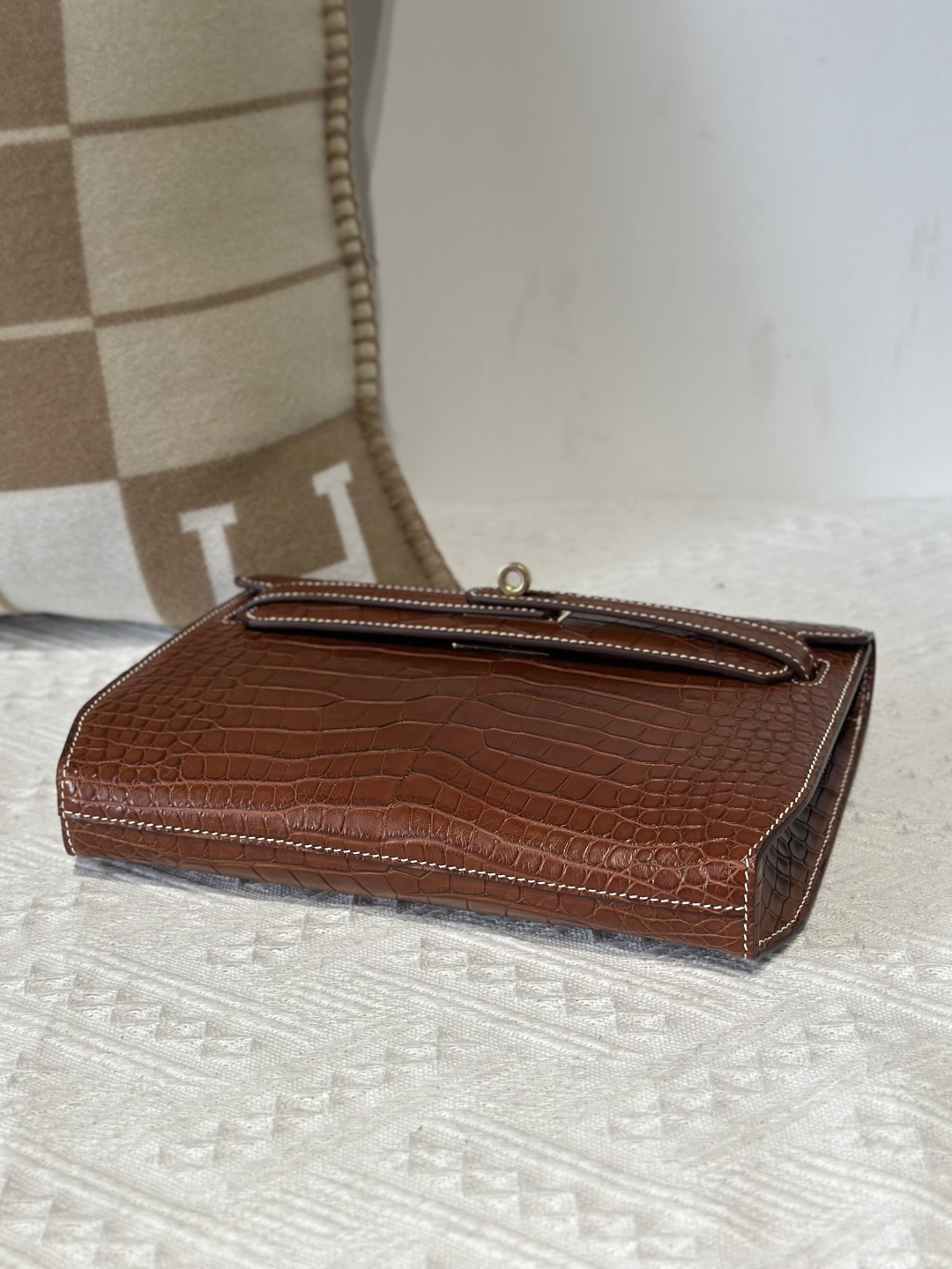 Alligator Leather Saddle Brown 25cm Matte Gold Hardware Clutch Bag WAB013 photo 6
