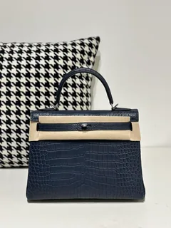 Crocodile Leather Inside Stitch Blue 28cm Matte Silver Hardware Top Handle Bag WCB003 image 1