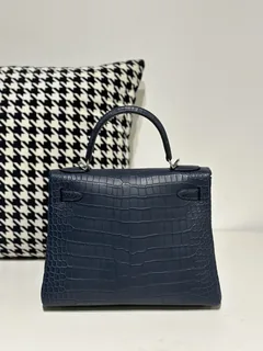 Crocodile Leather Inside Stitch Blue 28cm Matte Silver Hardware Top Handle Bag WCB003 image 3