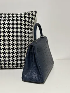Crocodile Leather Inside Stitch Blue 28cm Matte Silver Hardware Top Handle Bag WCB003 image 4