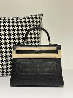 Crocodile Leather Inside Stitch Black 28cm Matte Silver Hardware Top Handle Bag WCB006 image 1