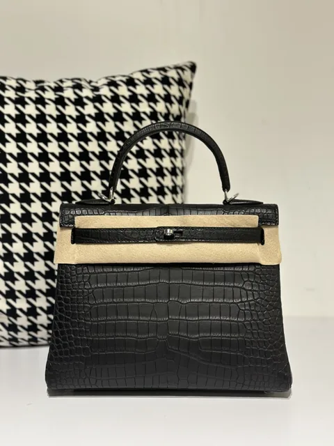 Crocodile Leather Inside Stitch Black 28cm Matte Silver Hardware Top Handle Bag WCB006