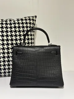 Crocodile Leather Inside Stitch Black 28cm Matte Silver Hardware Top Handle Bag WCB006 image 3