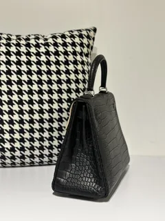 Crocodile Leather Inside Stitch Black 28cm Matte Silver Hardware Top Handle Bag WCB006 image 4