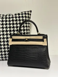 Crocodile Leather Inside Stitch Black 28cm Matte Gold Hardware Top Handle Bag WCB007 image 2