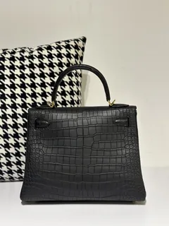 Crocodile Leather Inside Stitch Black 28cm Matte Gold Hardware Top Handle Bag WCB007 image 3