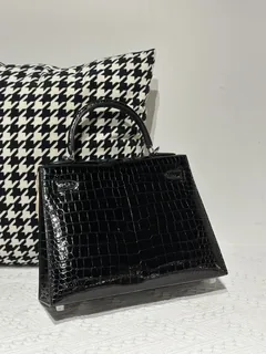 Crocodile Leather Black 28cm Glossy Silver Hardware Top Handle Bag WCB009 image 3