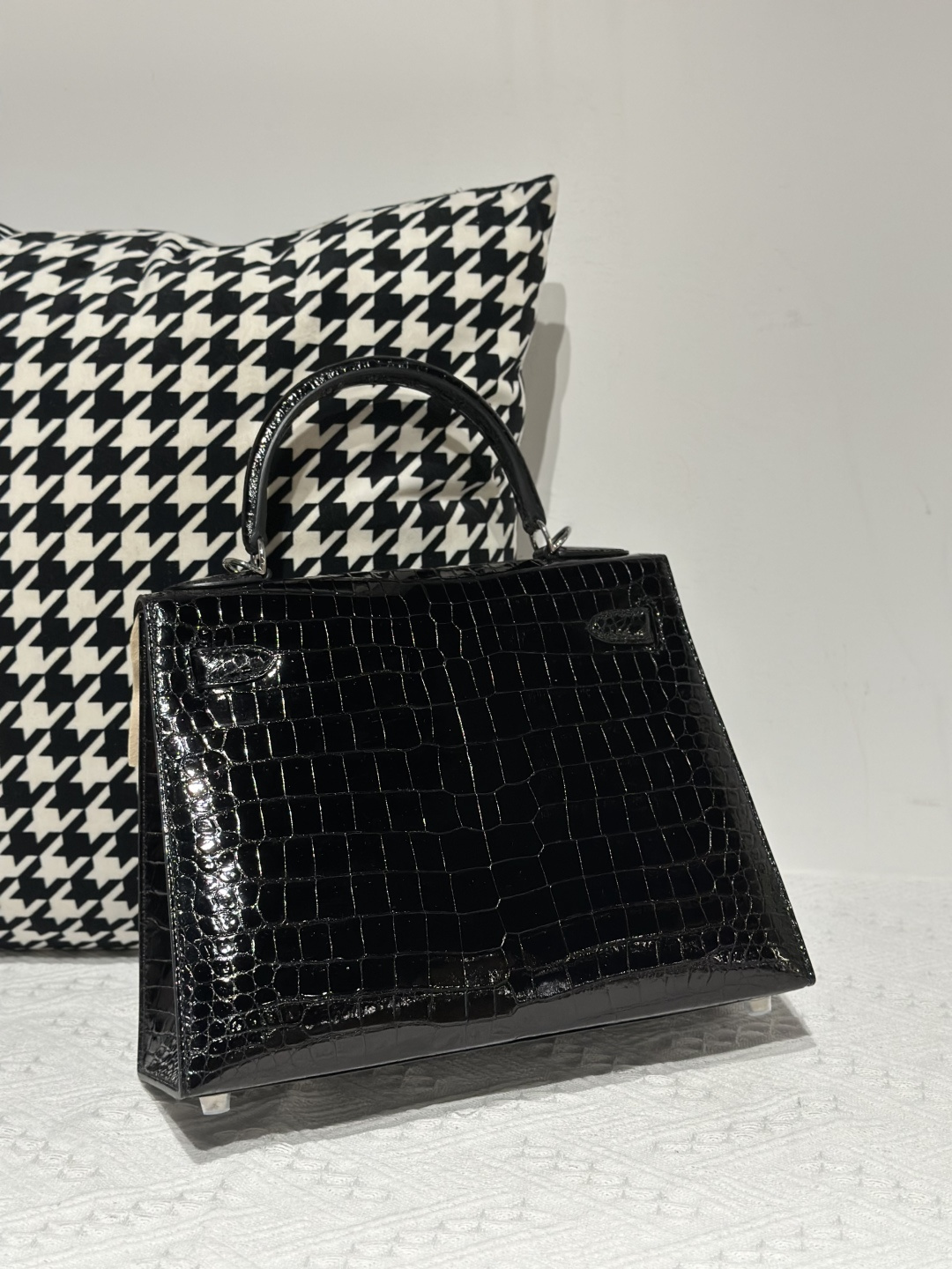 Crocodile Leather Black 28cm Glossy Silver Hardware Top Handle Bag WCB009 image 3