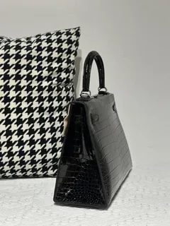 Crocodile Leather Black 28cm Glossy Silver Hardware Top Handle Bag WCB009 image 4