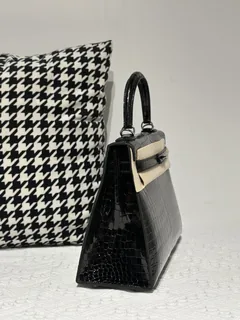 Crocodile Leather Black 28cm Glossy Silver Hardware Top Handle Bag WCB009 image 5