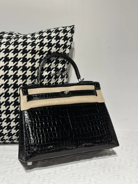 Crocodile Leather Black 28cm Glossy Silver Hardware Top Handle Bag WCB010