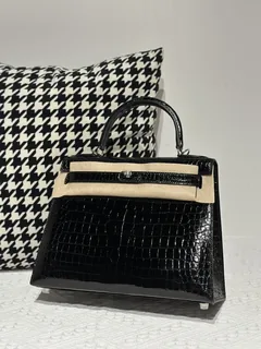 Crocodile Leather Black 28cm Glossy Silver Hardware Top Handle Bag WCB010 image 2