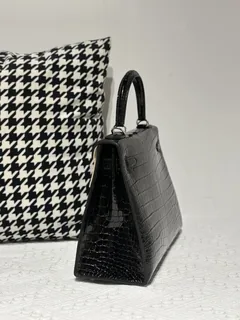 Crocodile Leather Black 28cm Glossy Silver Hardware Top Handle Bag WCB010 image 4