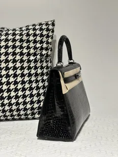 Crocodile Leather Black 28cm Glossy Silver Hardware Top Handle Bag WCB010 image 5