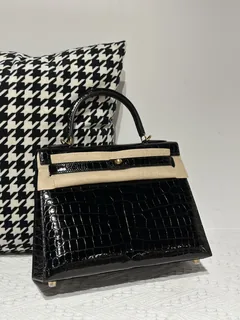 Crocodile Leather Black 28cm Glossy Gold Hardware Top Handle Bag WCB011 image 1