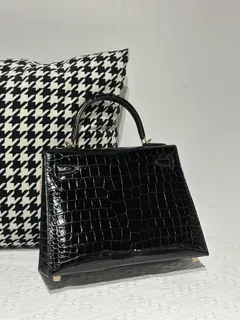 Crocodile Leather Black 28cm Glossy Gold Hardware Top Handle Bag WCB011 image 3