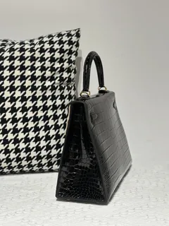 Crocodile Leather Black 28cm Glossy Gold Hardware Top Handle Bag WCB011 image 4