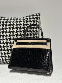 Crocodile Leather Black 28cm Glossy Gold Hardware Top Handle Bag WCB012 image 2