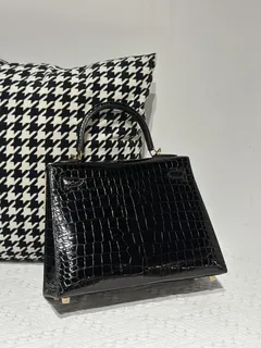 Crocodile Leather Black 28cm Glossy Gold Hardware Top Handle Bag WCB012 image 3
