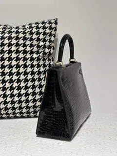 Crocodile Leather Black 28cm Glossy Gold Hardware Top Handle Bag WCB012 image 4