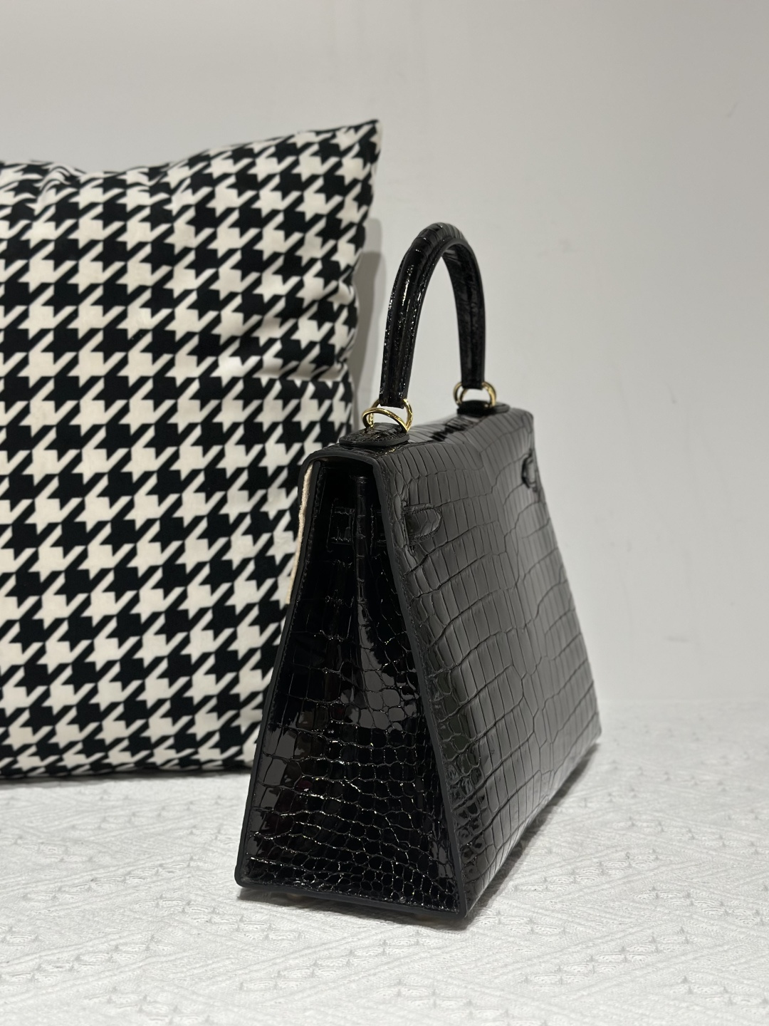 Crocodile Leather Black 28cm Glossy Gold Hardware Top Handle Bag WCB012 photo 4