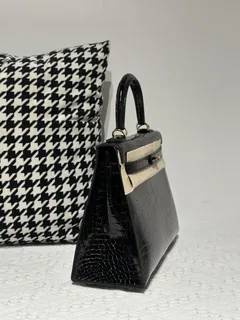 Crocodile Leather Black 28cm Glossy Gold Hardware Top Handle Bag WCB012 image 5