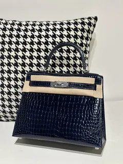 Crocodile Leather Deep Sea Blue 28cm Glossy Silver Hardware Top Handle Bag WCB016 image 1