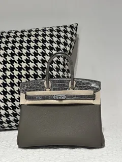 Crocodile Leather Gray 25cm Glossy Mixed Leather Silver Hardware Top Handle Tote Bag WCB018 image 1