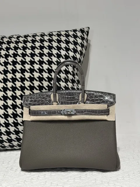 Crocodile Leather Gray 25cm Glossy Mixed Leather Silver Hardware Top Handle Tote Bag WCB018