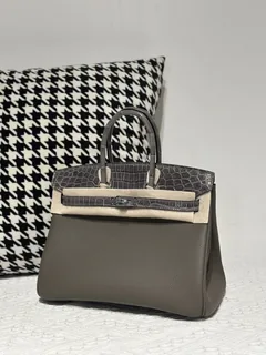 Crocodile Leather Gray 25cm Glossy Mixed Leather Silver Hardware Top Handle Tote Bag WCB018 image 2