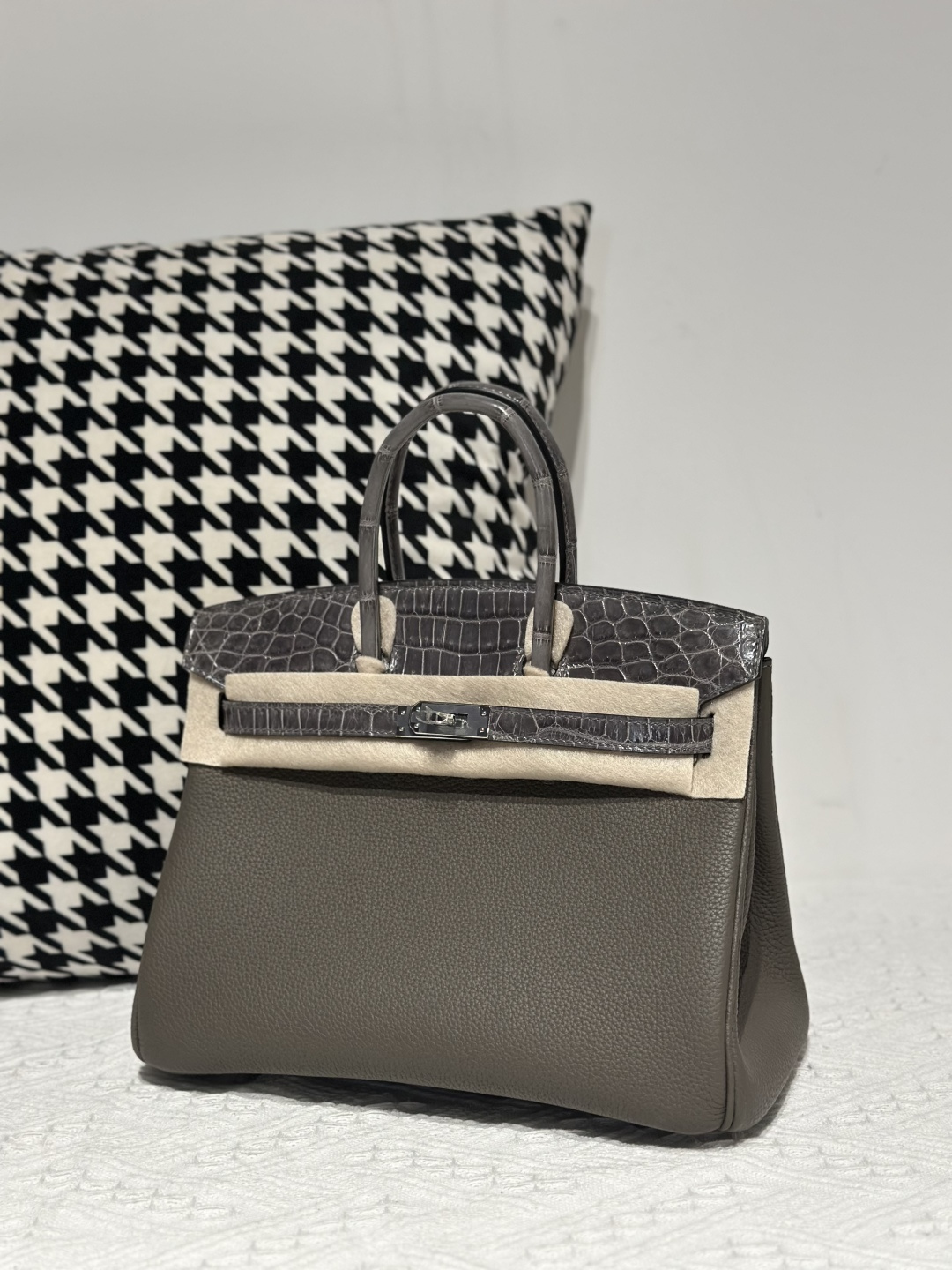 Crocodile Leather Gray 25cm Glossy Mixed Leather Silver Hardware Top Handle Tote Bag WCB018 image 2