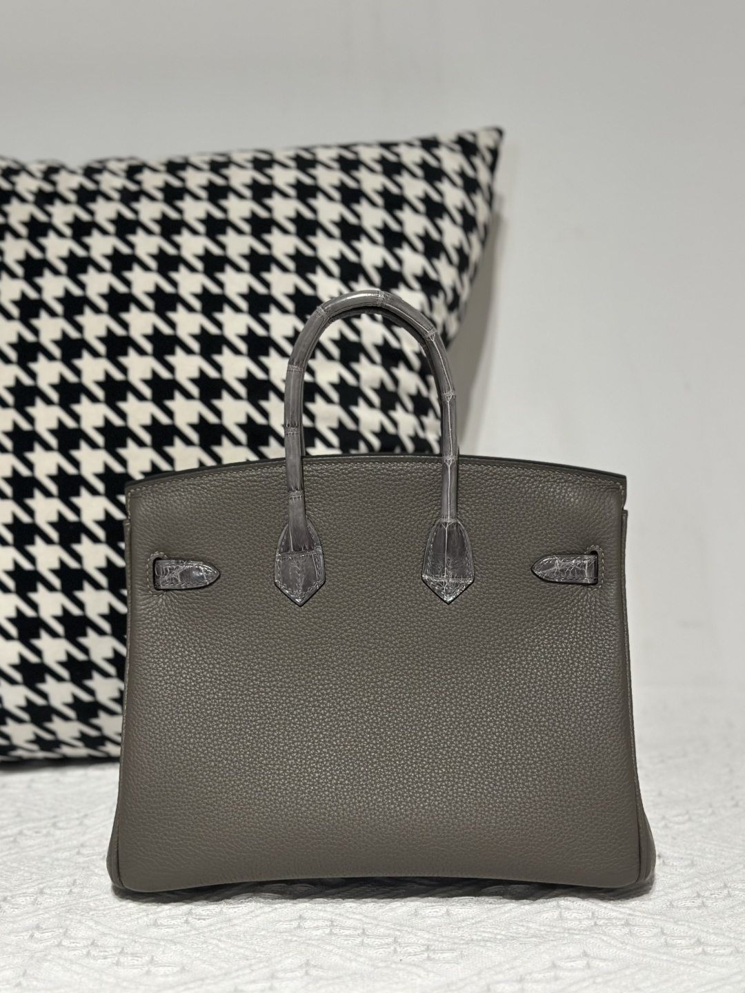 Crocodile Leather Gray 25cm Glossy Mixed Leather Silver Hardware Top Handle Tote Bag WCB018 image 3
